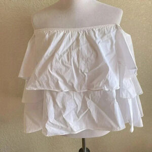 Olivaceous White Cotton Tiered Ruffle Off the Shoulder Top Shirt: Size Large